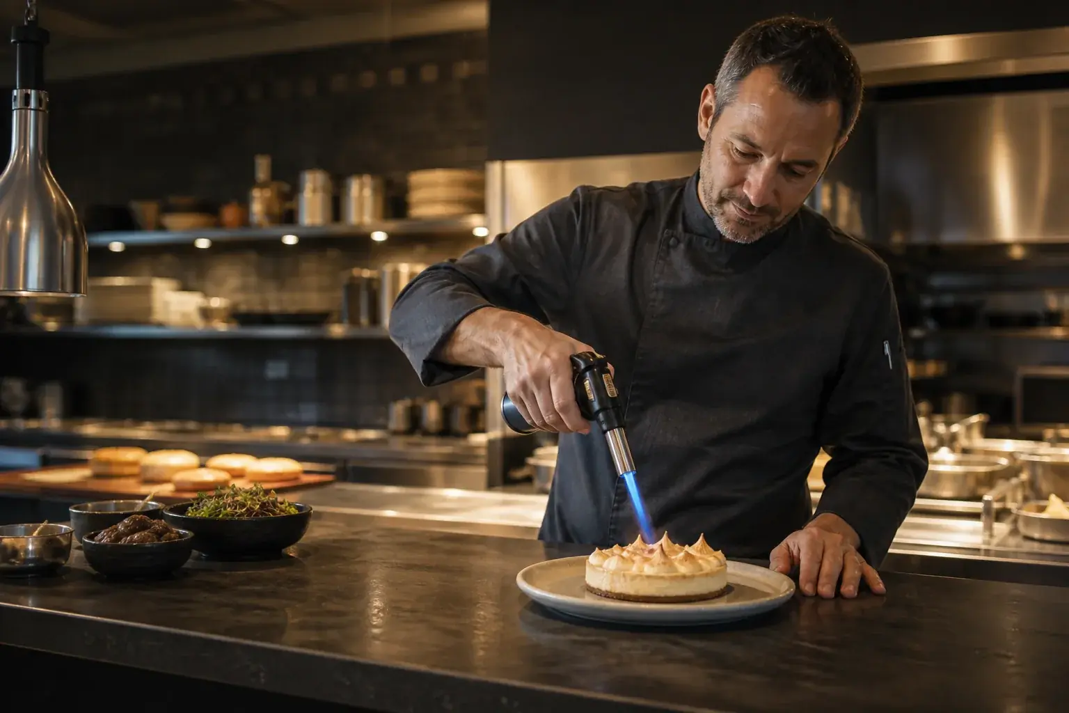 Professional chef using a JIFAN culinary torch for dessert finishing