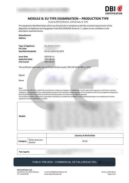 Redacted public preview of a DBI GAR type-examination certificate