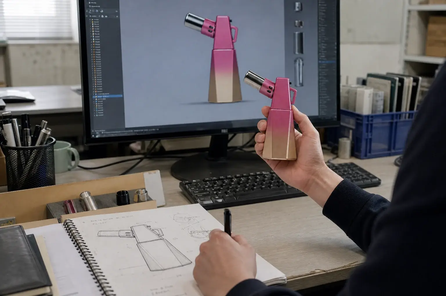 JIFAN product designer reviewing a flame-tool concept and physical sample